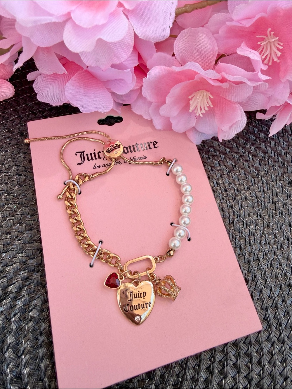 Juicy Couture Gold Chain Bracelet with Pearls and Heart Charms